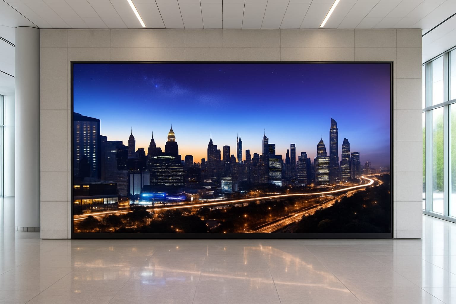 A modern meeting space with a large wall display configured for video conferencing