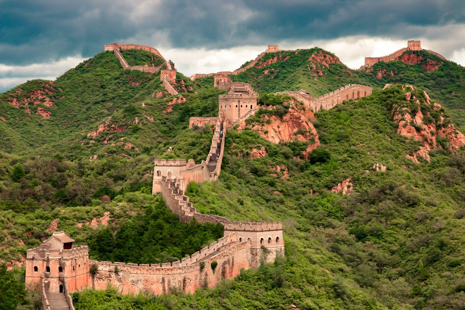 The Great Wall of China winding across mountain ridges